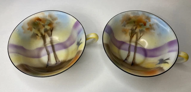 Juego de tazas de té pintadas a mano Prov Sajonia ES Alemania antigua principios del siglo XX X2 pájaros y árboles