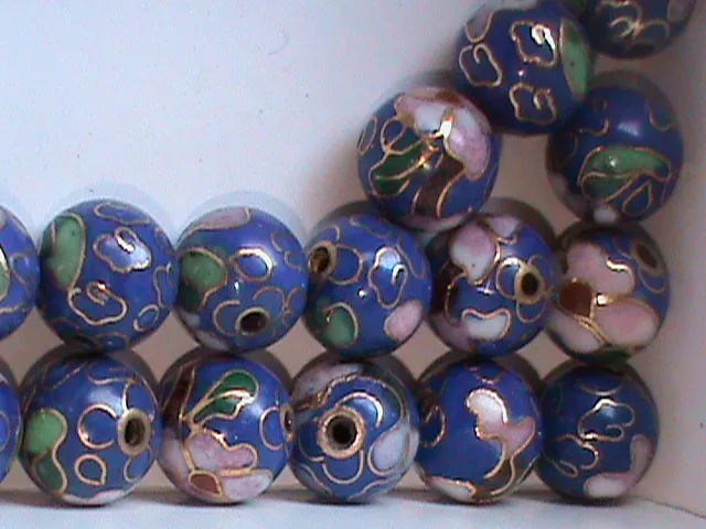 18 High Quality Vintage 12 MM Cloisonne Beads Round BLUE w/ Flowers