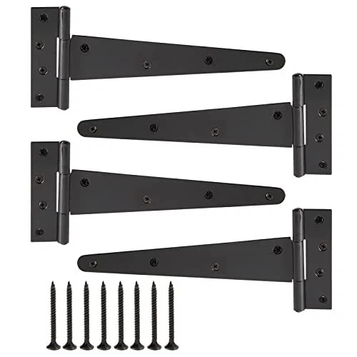 4 Pack Black T-Strap Heavy Duty Gate Hinges with Screws for Wood Fences, Barn