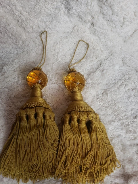 Vintage Curtain Drape Tie Backs Gold globe  Tassels set of 2 11" long