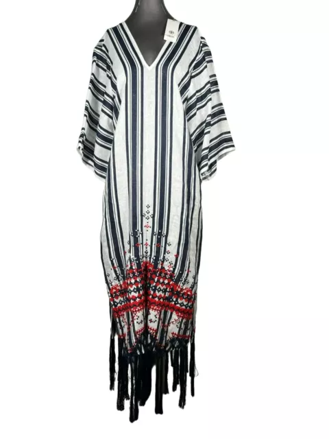 Tory Burch New NWT Linen Stripe Embroidered Caftan Navy Fringe Maxi Dress XS 2