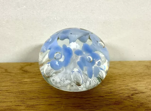 Vintage Gibson 1983 Art Glass Paperweight Blue Trumpet Flowers  Signed