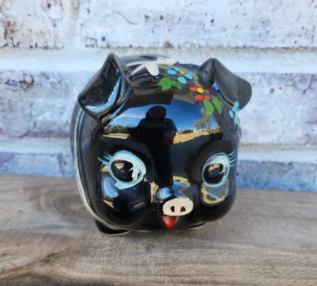 Vtg Black Ceramic Piggy Bank Floral Hand Painted Made in Taiwan Flowers 50s Vibe
