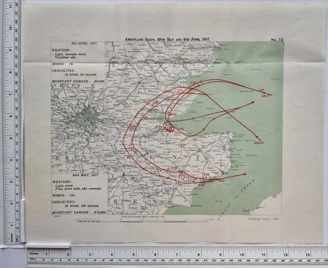 1935 WW1 MAPPA Aereo Raids 25th Maggio & 5th June 1917 Inghilterra Kent