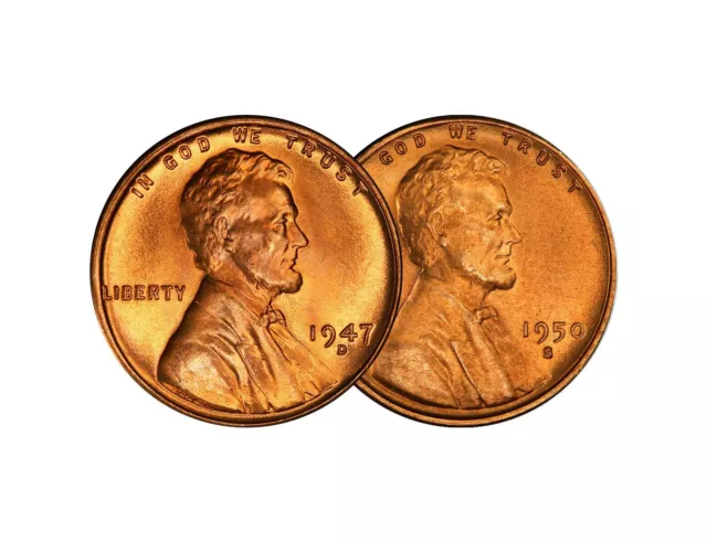 1947 D & 1950 S Lincoln Wheat Cent Choice BU 1c Brilliant Uncirculated - 2 Set