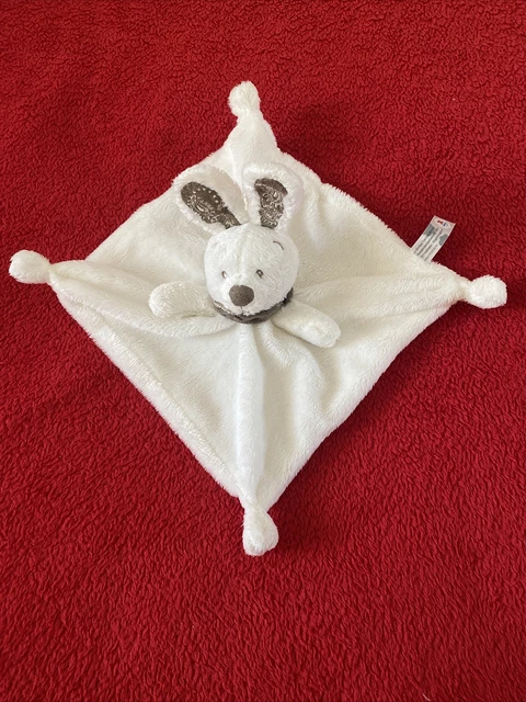 🇫🇷 Doudou plat lapin blanc oreilles marron brodées écharpe doux NICOTOY NEUF