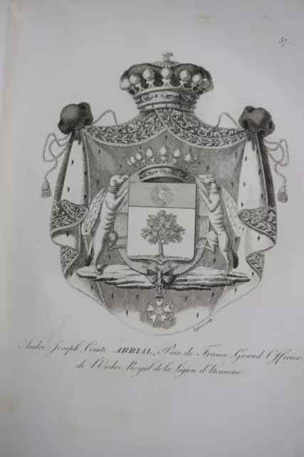 Gravure Blason Heraldique Comte Abrial Ardeche Armoiries Restauration 1815