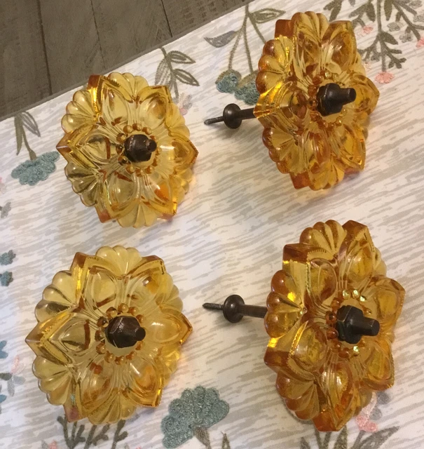 Vintage Pressed Glass Rosette Flower Curtain Tie Backs  Set Of Four Amber Color 3
