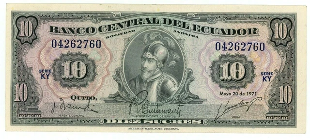 Ecuador  … P-101Ab … 10 Sucres … May-20-1971 … Choice *AU*  Serie KY