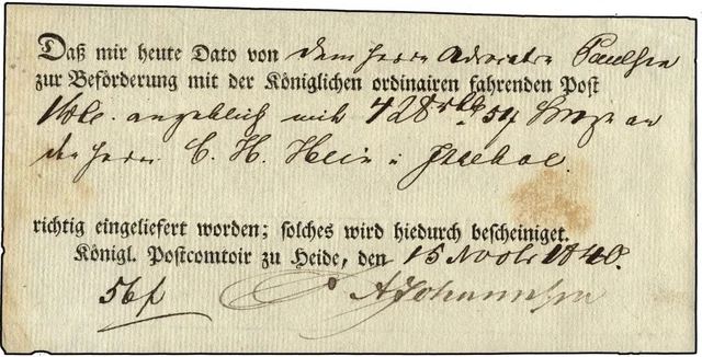 SCHLESWIG-HOLSTEIN HEIDE, Ortsdruck auf Einlieferungsschein (1840), leichte Alte