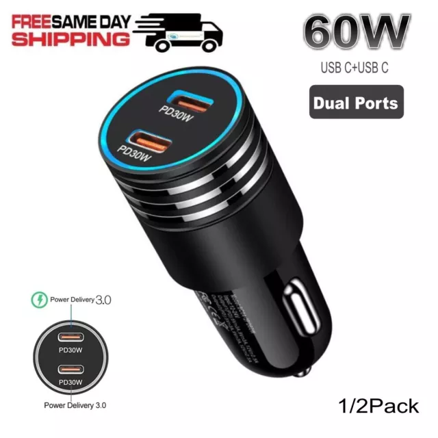 60W Dual USB-C Type-C Port PD Car Charger Adapter For iPhone 15 14 13 12 Pro Max