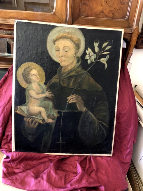 Sant'antonio Da Padova E Il Bambino Gesu' Bellissimo Olio Su Tela Xviii Rintelo