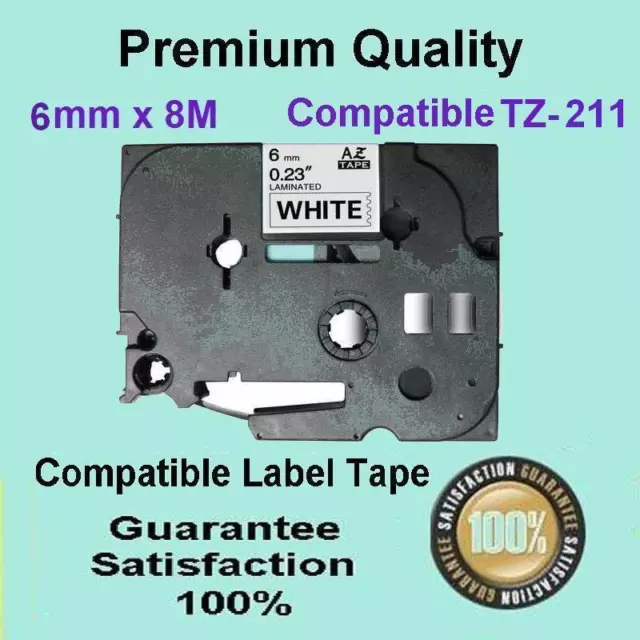 1x Laminated Label Tape for Brother TZ-211 TZe-211 Black on White 6mm x 8m