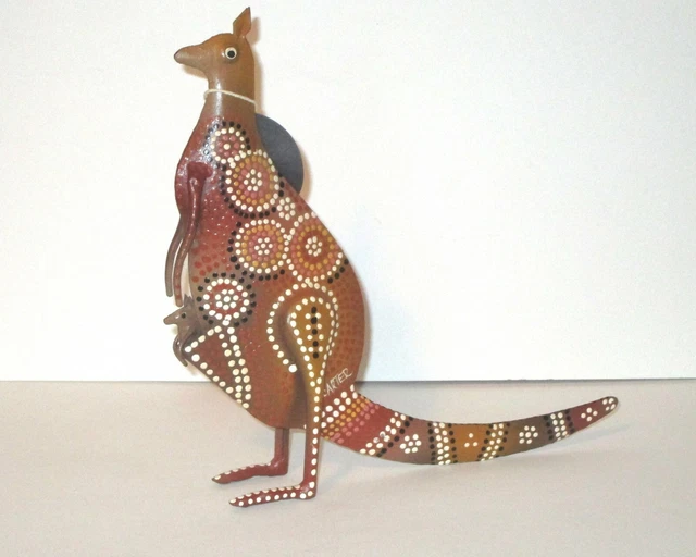 AUSTRALIA ABORIGINAL ART Kangaroo with Baby Painted Metal Artist Signed