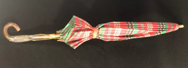 Vintage Plaid Umbrella Parasol Wood Shaft Amber Bakelite? Lucite? Handle 26 1/2”