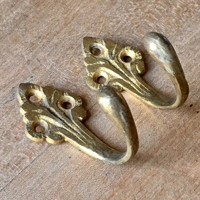 Pair Antique Brass Coat Hook Victorian Gilt Original Reclaimed Vintage c.1880’s