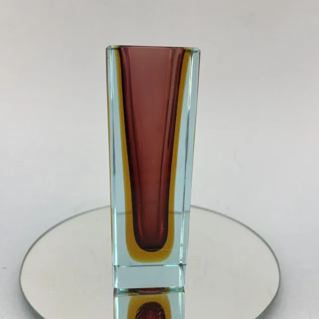 Mid-Century Modern Red Gold Murano Sommerso Art Glass Square 4.5” Vase Italy