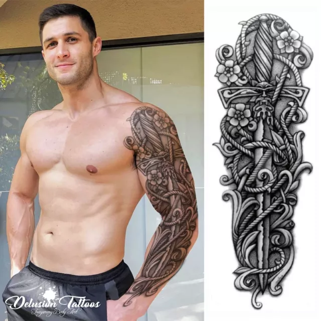 Full Sleeve Arm Temporary Tattoo, Sailors Dagger, Rope, Black Ink,  Mens, Womens