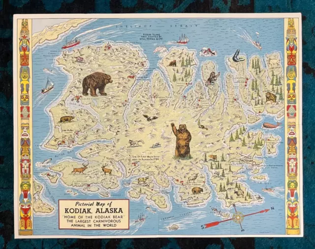 Original Travel Poster Brochure Kodiak Alaska Pictorial Map Kodiak Bear Nature