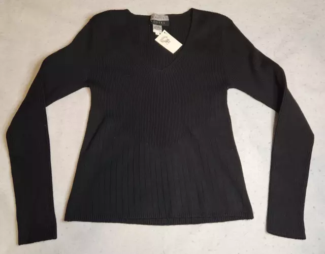 Wayne Rogers Womens Silk Blend Top Size L Black Rib-Knit V-Neck Long Sleeve NWT