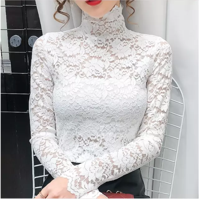 Ladies Slim Floral Lace Tops Mesh Crochet Sheer T-shirt Ruffel Turtleneck Blouse