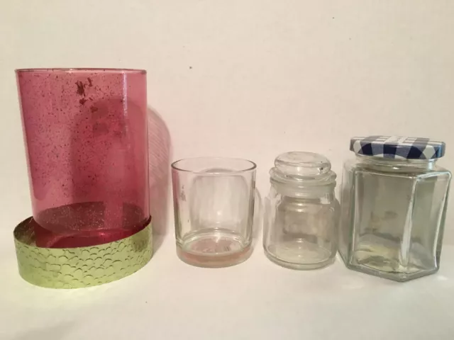Lote de 4 frascos de velas de vidrio rosa transparente