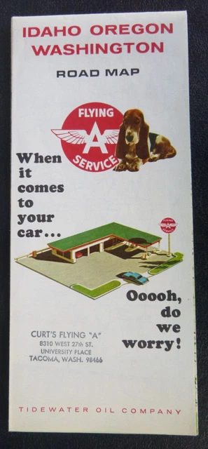 1965 Idaho Oregon Washington road map Flying A Tidewater oil gas