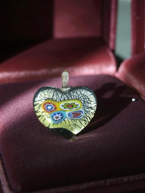 Pendentif Ancien En Argent Sterling 925 - Verre De Murano Doré - Ras Du Cou - Occasion Bon état