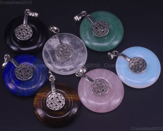 Natural Gemstone Round Donut Ring Pendant Reiki Chakra Healing Beads 30mm Sliver