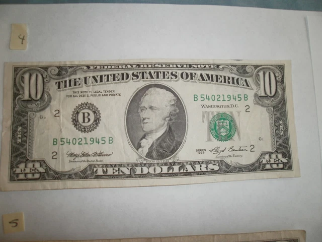 1993 $10 Ten Dollar Bill Federal Reserve Note Vintage Currency US