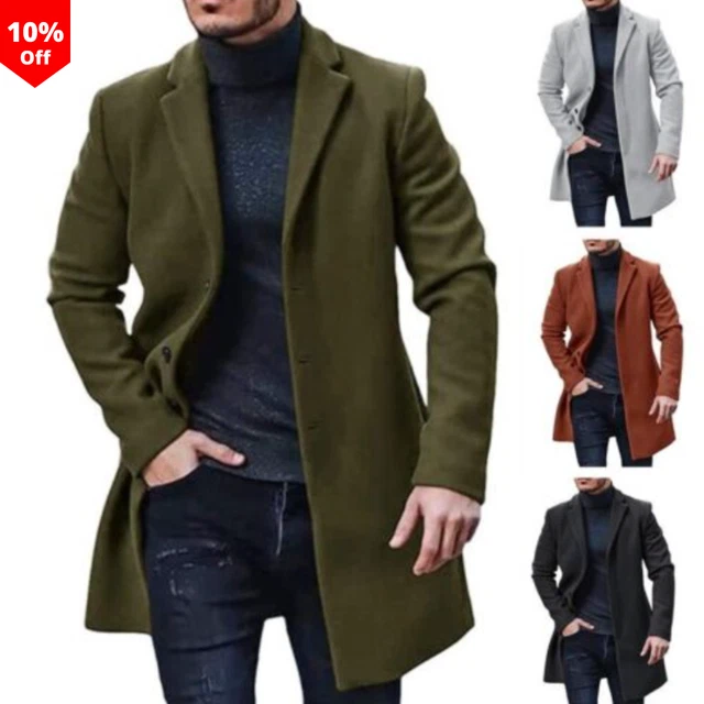 Mens Woolen Trench Coats Winter Lapel Long Jacket Blazer Formal Overcoat Outwear