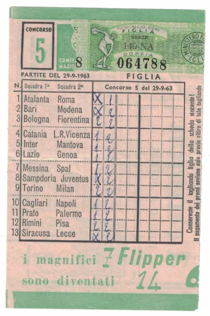 Schedina Totocalcio Coni pubblicità Perugina anno 1963/1964 n. 05