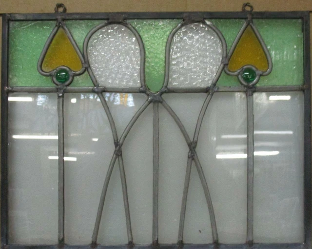 OLD ENGLISH LEADED STAINED GLASS WINDOW Unframed w Hooks Jeweled 16.5" x 12.75"