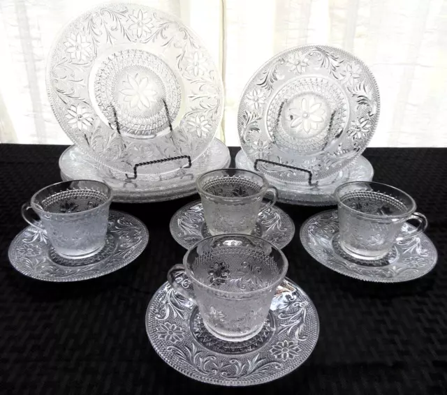 Tiara Indiana Glass Clear Sandwich Plates, Saucers, 6 ounce Cups, 16 piece Set