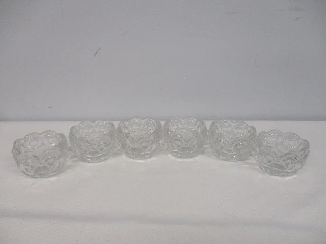 SET OF 6 ANTIQUE EAPG PRESSED GLASS OPEN SALT CELLARS with THUMBPRINT & FLOWER