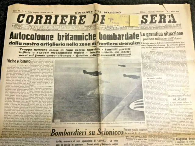 🌈  Duce - Raro Corriere Sera 2/1/'40 Bombardamenti Su Salonicco Grecia Albania