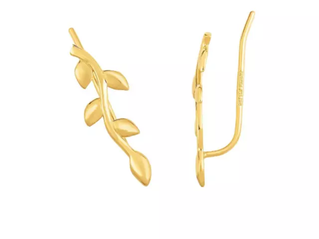 14kt Gold Yellow Finish Shiny Leaf Ear Climber Earring with Ear Climber Clasp