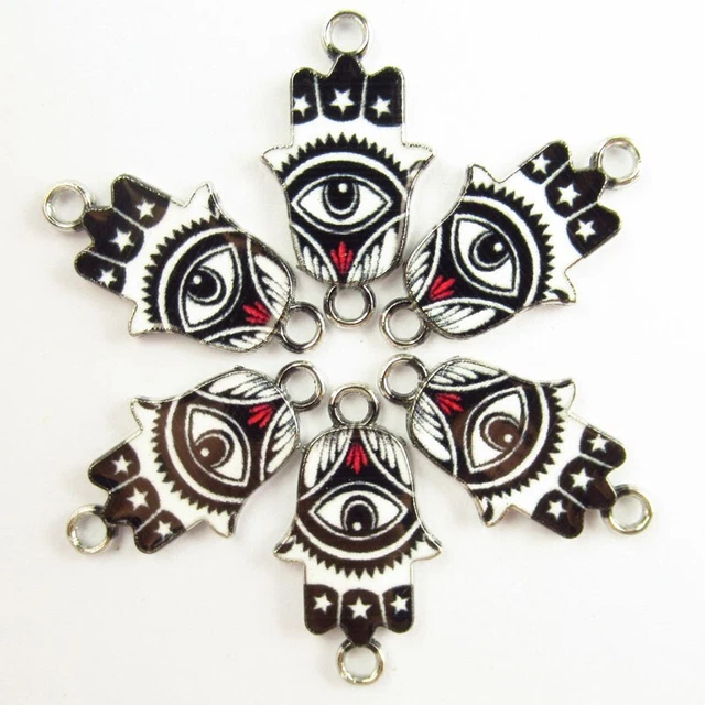 6Pcs Black White Enamel Tibetan Silver Evil Eye Hand Pendant Bead PJ2921