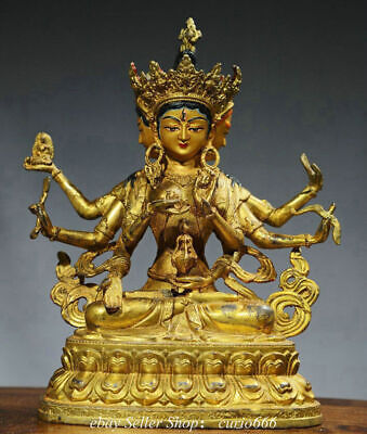 Tibet Nepal Bronze Painting Gilt 3 Hea 8 arms 7 eyes White Tara Goddess Statue