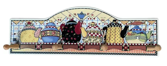 Mary Engelbreit Ceramic Teapot Design Wall Peg Mug Cup Rack 16.5 x 5.5" Vtg 1994