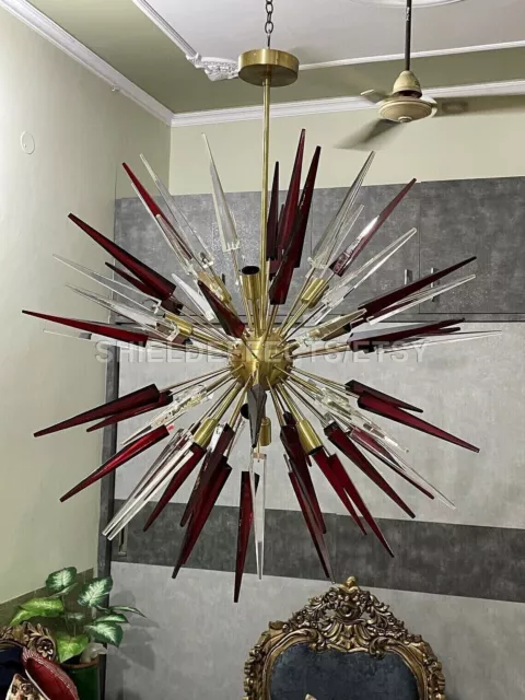 1950's Mid Century Murano Glass Maroon Cube Sputnik Italian Ceiling Handmade