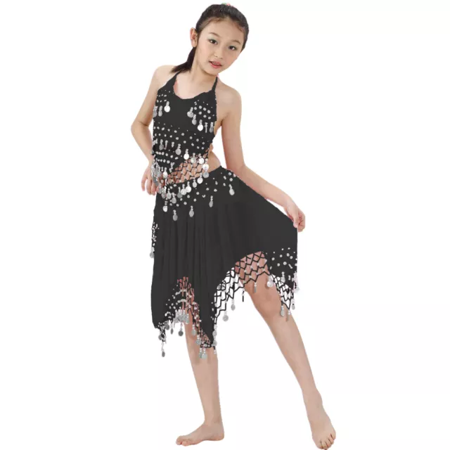 Kids Professional Belly Dance Halter top & Skirt Halloween Costume Silver Coins