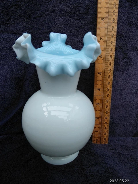 Antique Fenton ? 18.5cm High Opalescent Milk Glass Vase Blue Shades Ruffled Edge