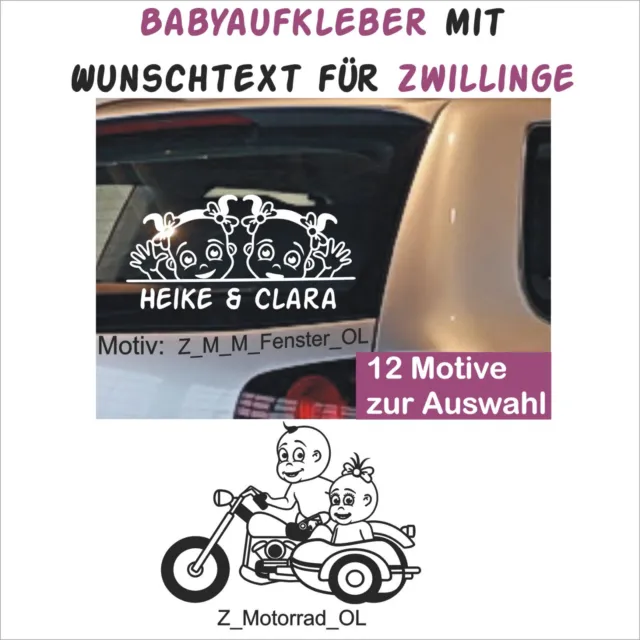 Babyaufkleber Auto Sticker Wunschname + Baby on Board Baby-Motive für Zwillinge 3