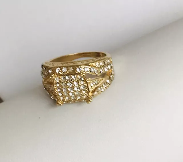 Large Size R Cocktail Ring Gold Toned White Diamanté Unisex Statement Piece