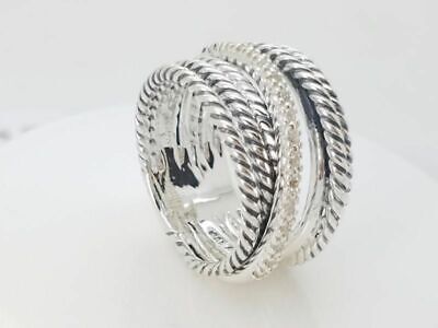 David Yurman Sterling Silver 925 Crossover Wide Cable Pave Diamond Ring Size 9