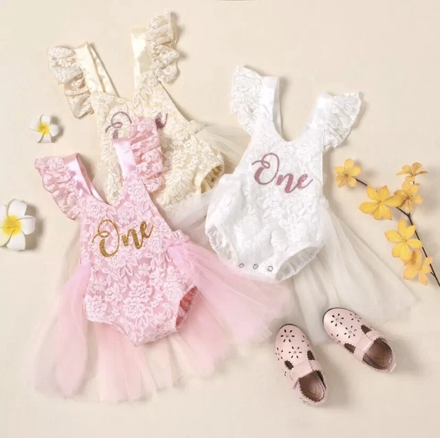 Baby Girls Romper Dress 1st Birthday outfit one cake smash lace