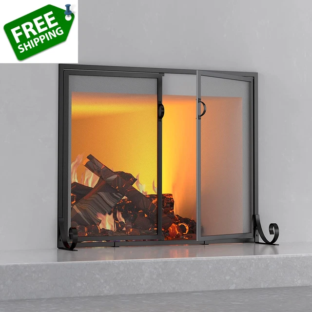 Fireplace Screen with Hinged Doors, Powder Coated Steel Frame, Metal Mesh, Handc