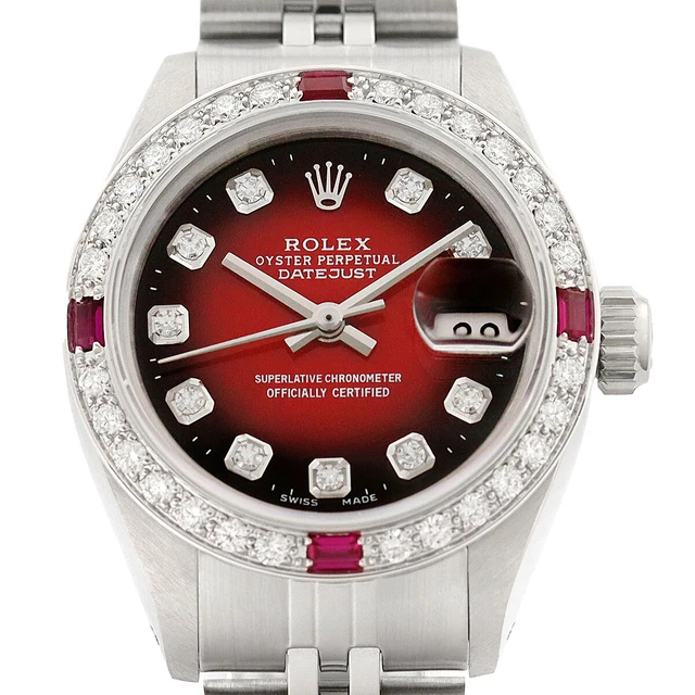 Rolex Ladies Datejust 18K Gold SS Red Vignette Diamond Ruby Watch w/ Rolex Band