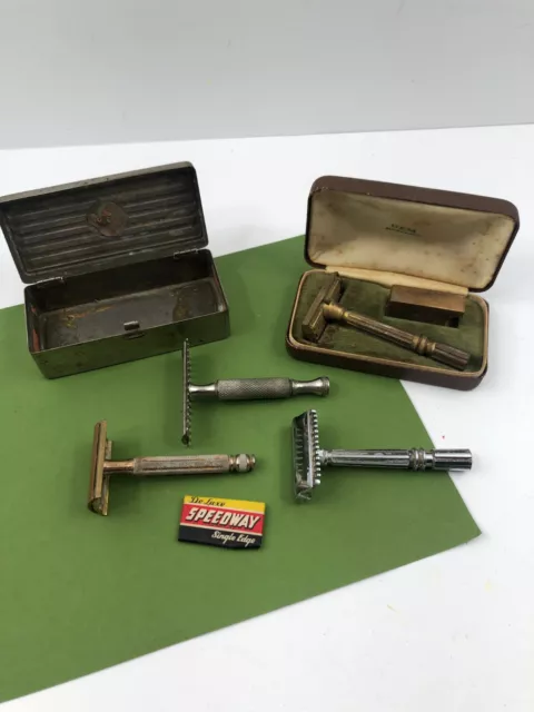 4 Vintage Safety Razors Gem Micromatic Gillette & Durham Duplex Open Comb
